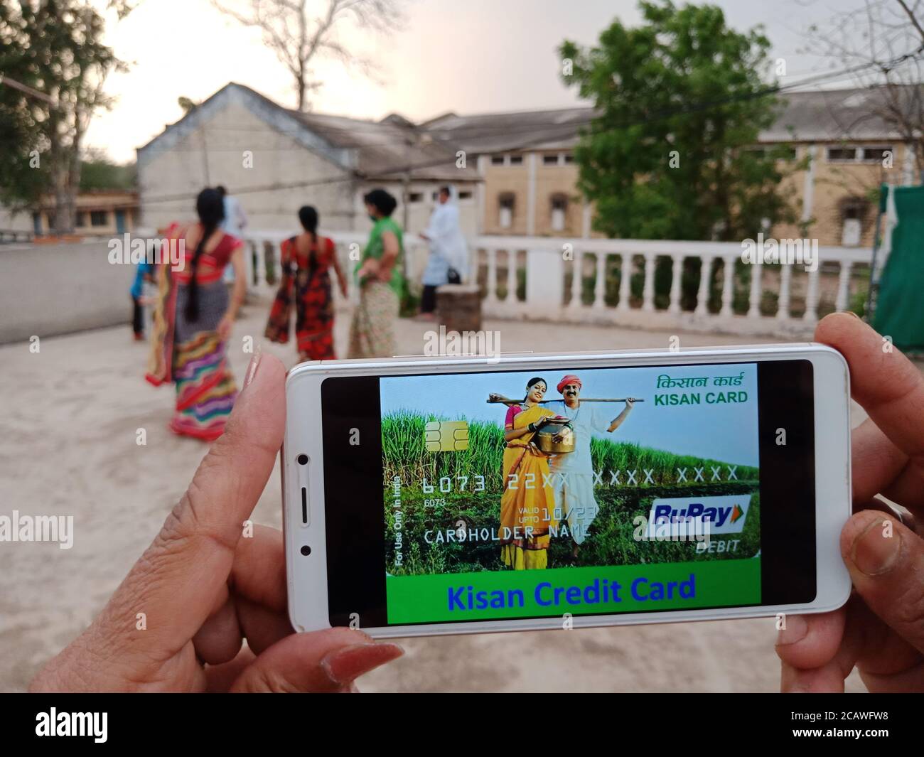 Distretto Katni, Madhya Pradesh, India - 23 maggio 2020: kisan carta di credito schema di governo visualizzato sullo schermo del telefono intelligente da mano tenendo mobile concep Foto Stock