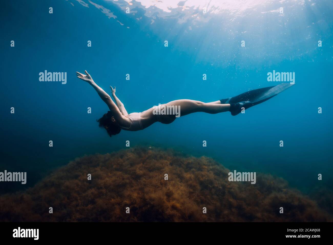 Donna freediver con pinne relax in mare blu. Donna sott'acqua e riflessione  Foto stock - Alamy