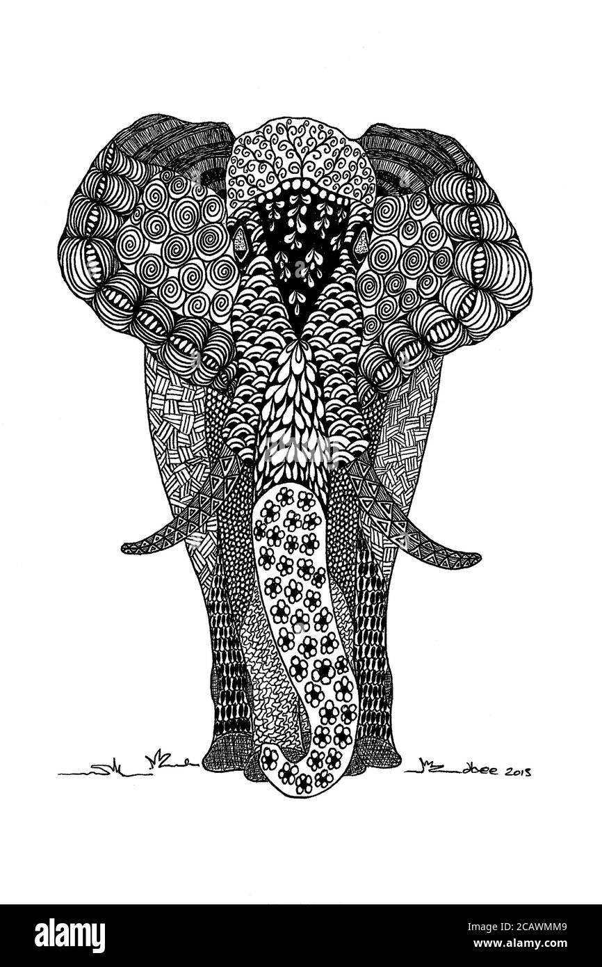 Illustrazione originale di Dbee Robinson. Doodle rappresentazione di grande elefante. Potrai ammirare un elefante a motivi geometrici in linea nera con riempimento bianco. Foto Stock