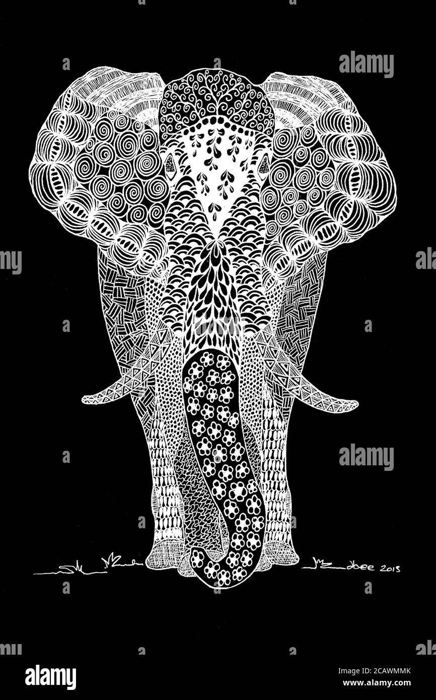 Illustrazione originale di Dbee Robinson. Doodle rappresentazione di grande elefante. Potrai ammirare un elefante a motivi geometrici in linea nera con riempimento bianco Foto Stock