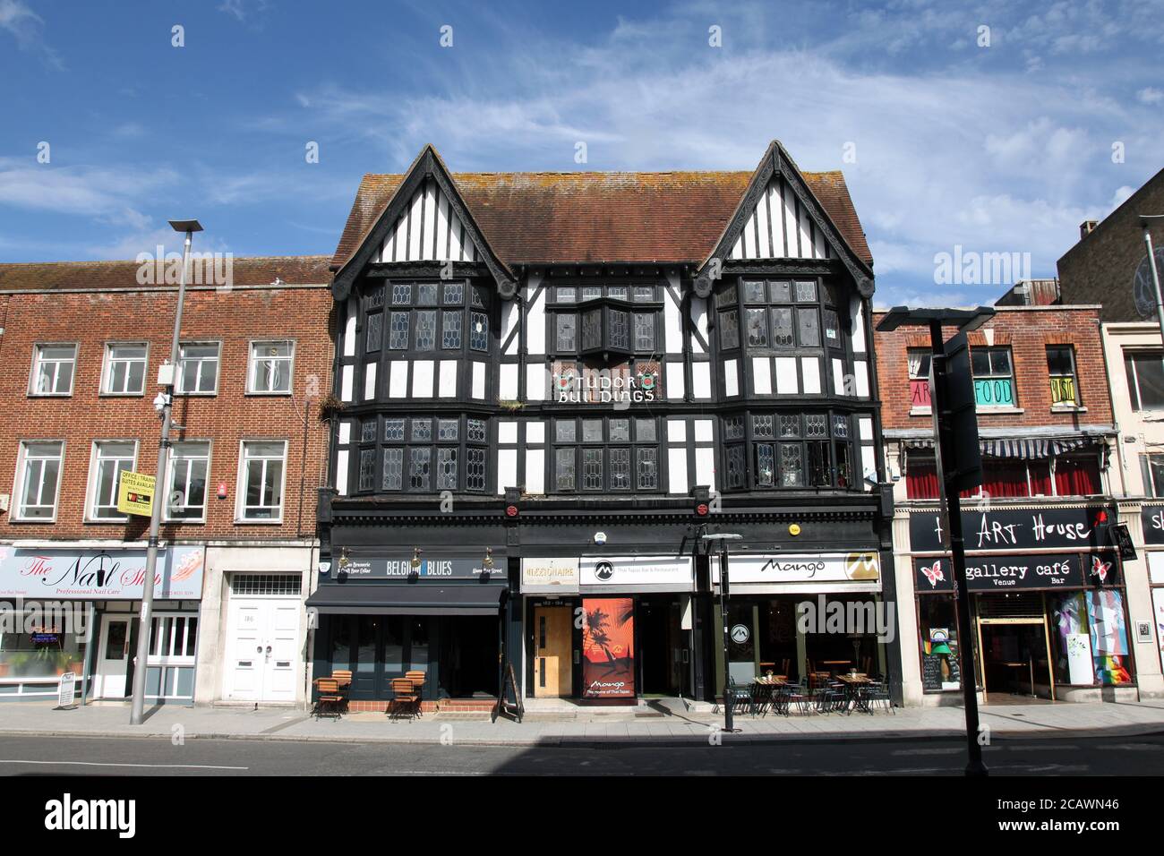 The Tudor Buildings, sopra Bar Street, Southampton, Inghilterra, Regno Unito, agosto 2020 Foto Stock