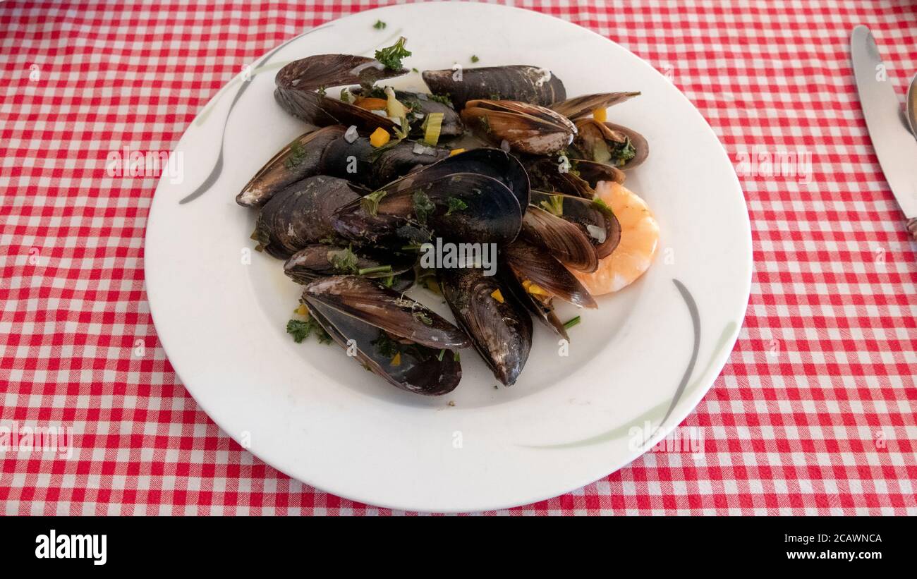 Cozze cotte nel piatto Foto Stock