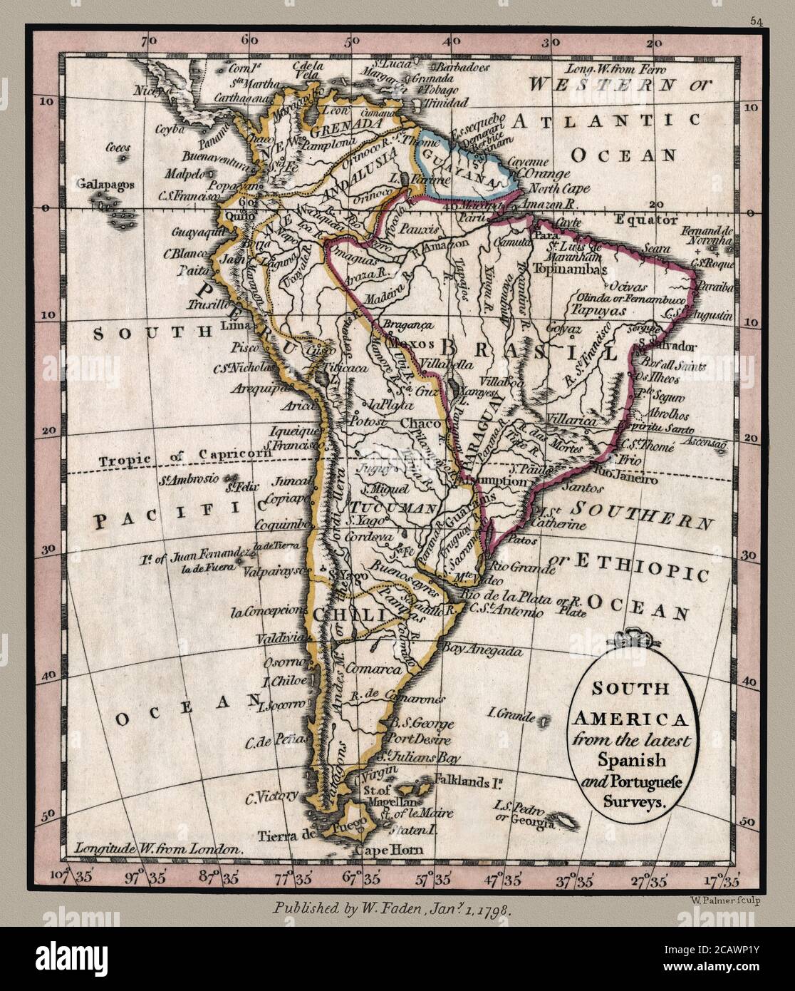 "L'America meridionale dalle ultime indagini spagnole e portoghesi." La rappresentazione di una mappa antica del 1798 mostra i confini politici e i punti di riferimento importanti. Mostra le rivendicazioni territoriali coloniali al momento., questa è una riproduzione di mappa storica splendidamente dettagliata. Originale da un atlante britannico pubblicato dal famoso cartografo William Faden è stato creato intorno al 1798. Foto Stock