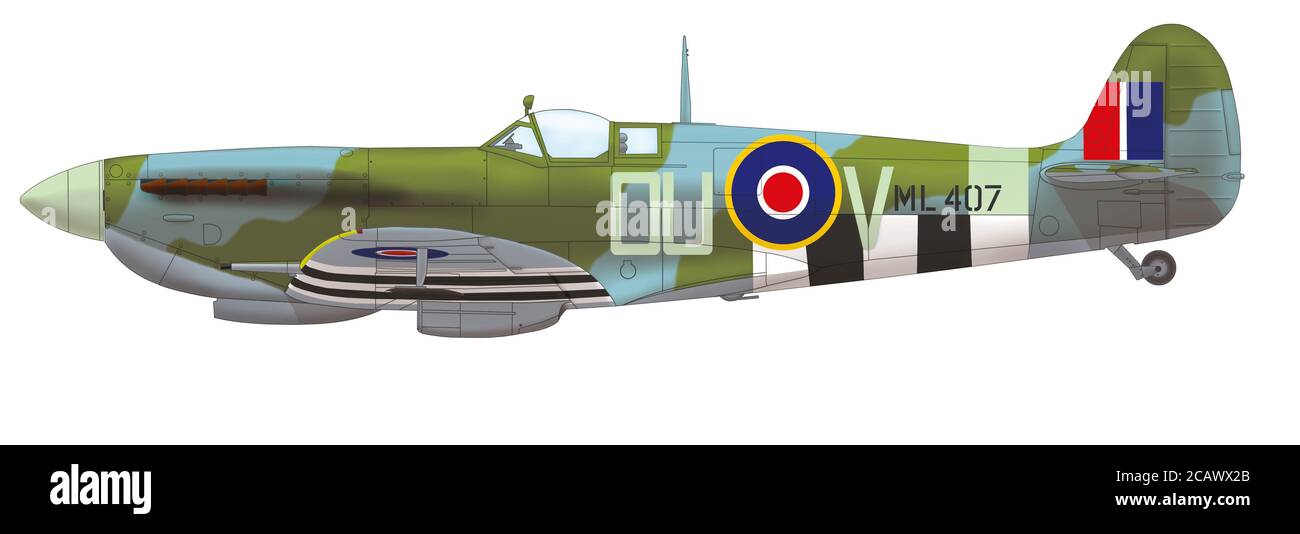 Supermarine Spitfire Mk IX (ML407, OU○V) pilotato da John "Johnnie" Arthur Houlton del n° 485 Squadron RNZAF, estate 1944 Foto Stock
