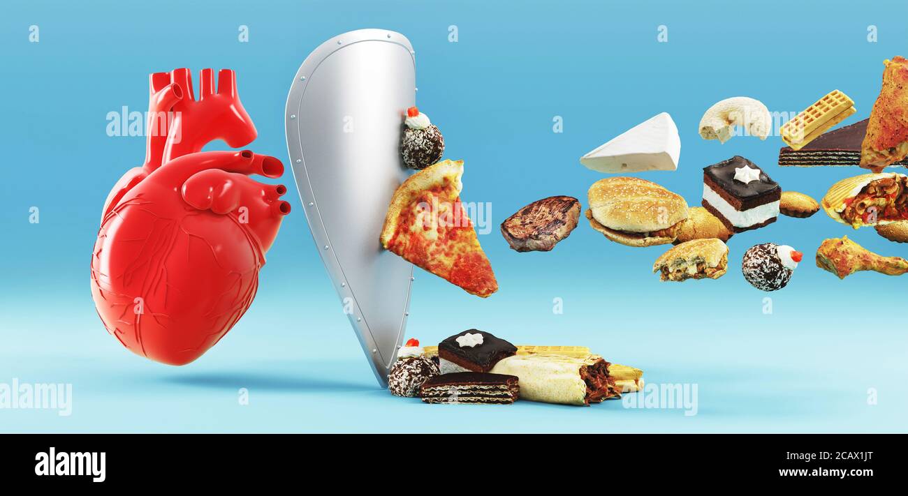Dieta di colesterolo e alimento sano nutrizionale per il concetto di prevenzione delle malattie cardiovascolari con cibo spazzatura, cuore umano e protezione scudo. 3d Foto Stock