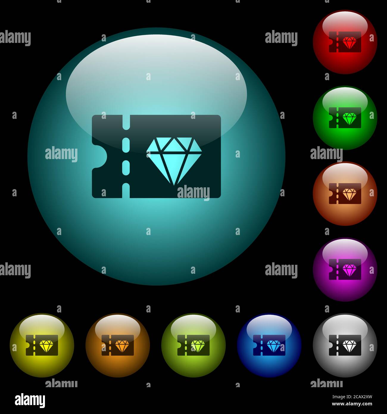 Icone di buoni sconto per gioielleria in vetro sferico illuminato a colori su sfondo nero. Può essere utilizzato per modelli neri o scuri Illustrazione Vettoriale