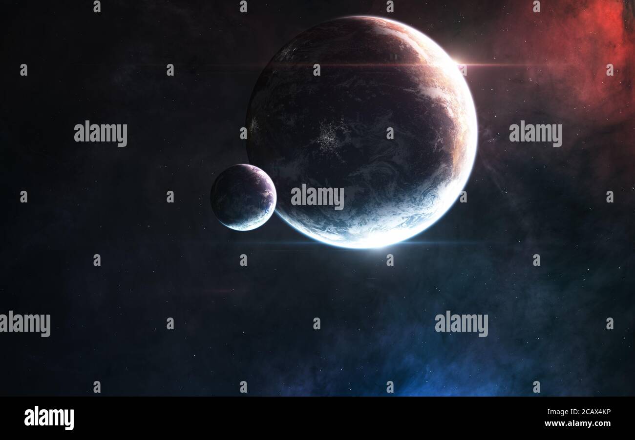 Pianeti spaziali profondi in luce blu e rossa Foto Stock