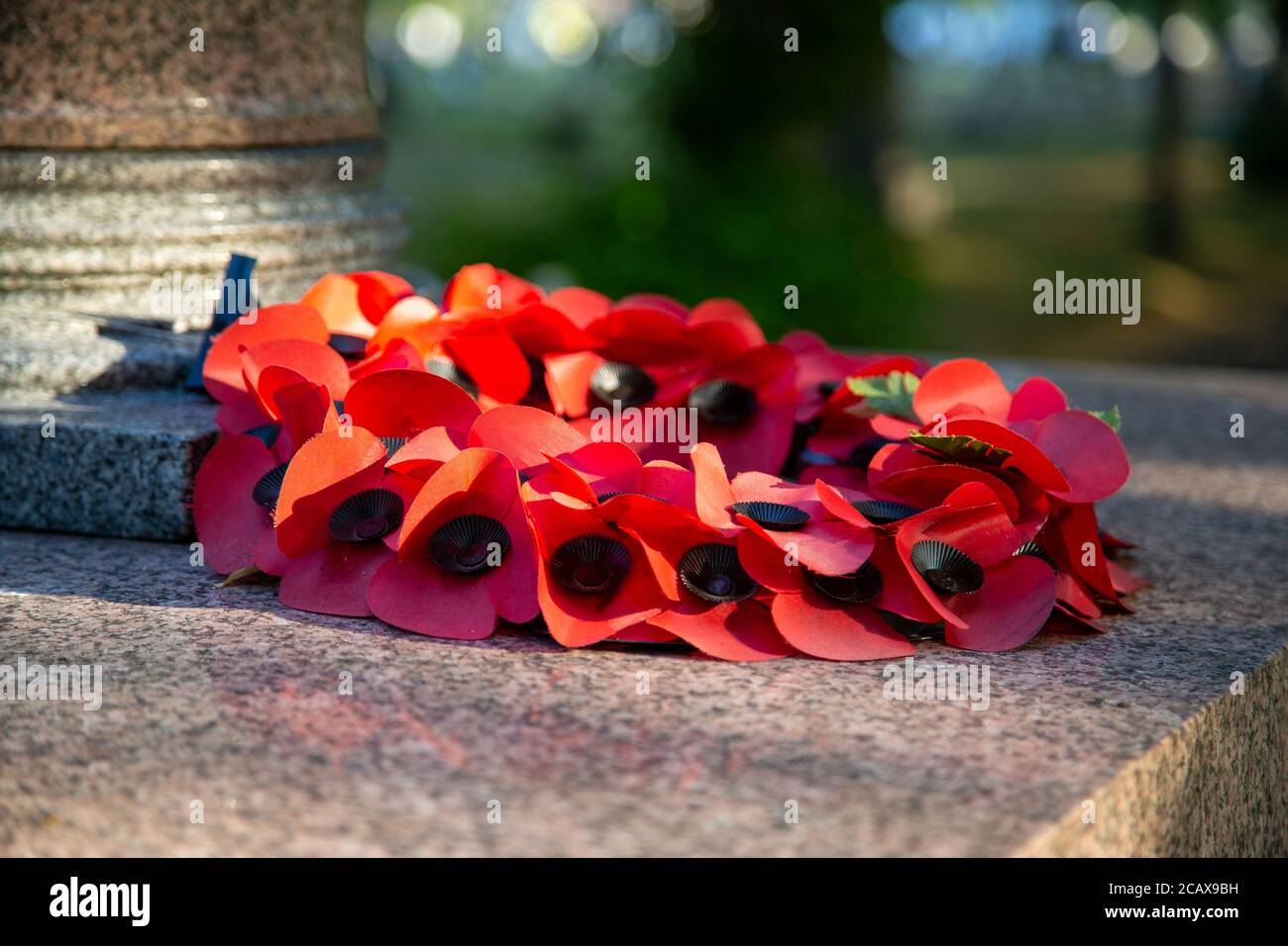 Una corona rossa di papavero deposta su un memoriale di guerra in ricordo dei morti di guerra in ricordo domenica Foto Stock