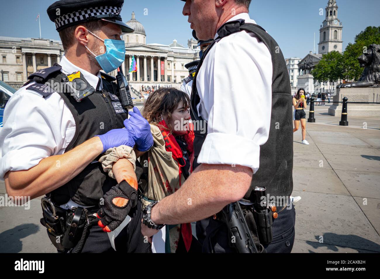 Londra, Regno Unito, agosto 09 2020: Estinzione attivisti ribellione coprire di sangue falso `le scale di trafalgar Square per la Giornata Internazionale del mondo Foto Stock
