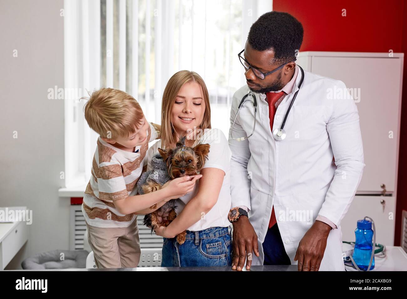 famiglia con il cane è venuto a controllare per l'esame annuale, donna di controllo. e figlio sono preoccupati per la salute del loro cane Foto Stock
