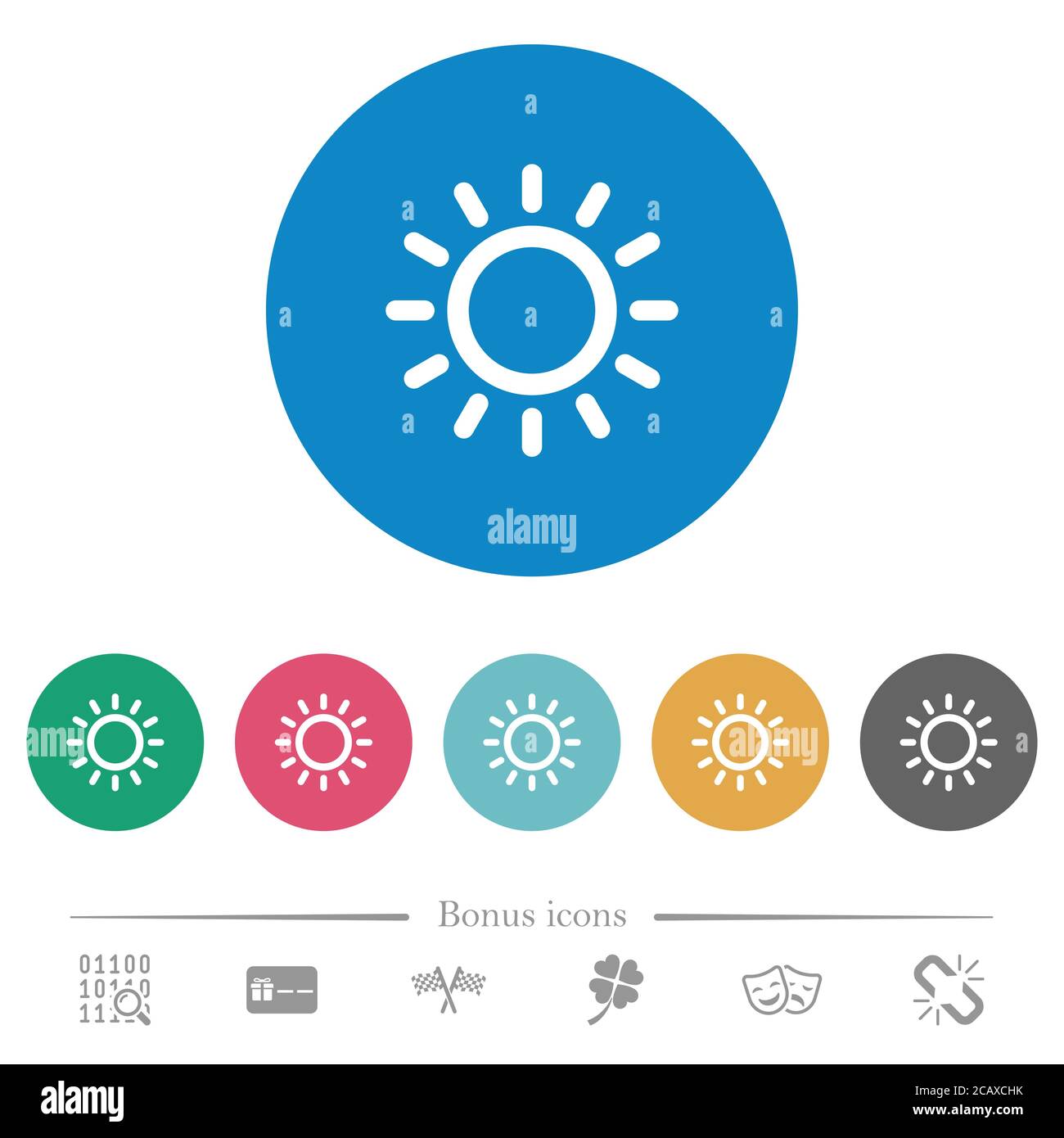 Controllo della luminosità icone bianche piatte su sfondi rotondi. 6 icone bonus incluse. Illustrazione Vettoriale