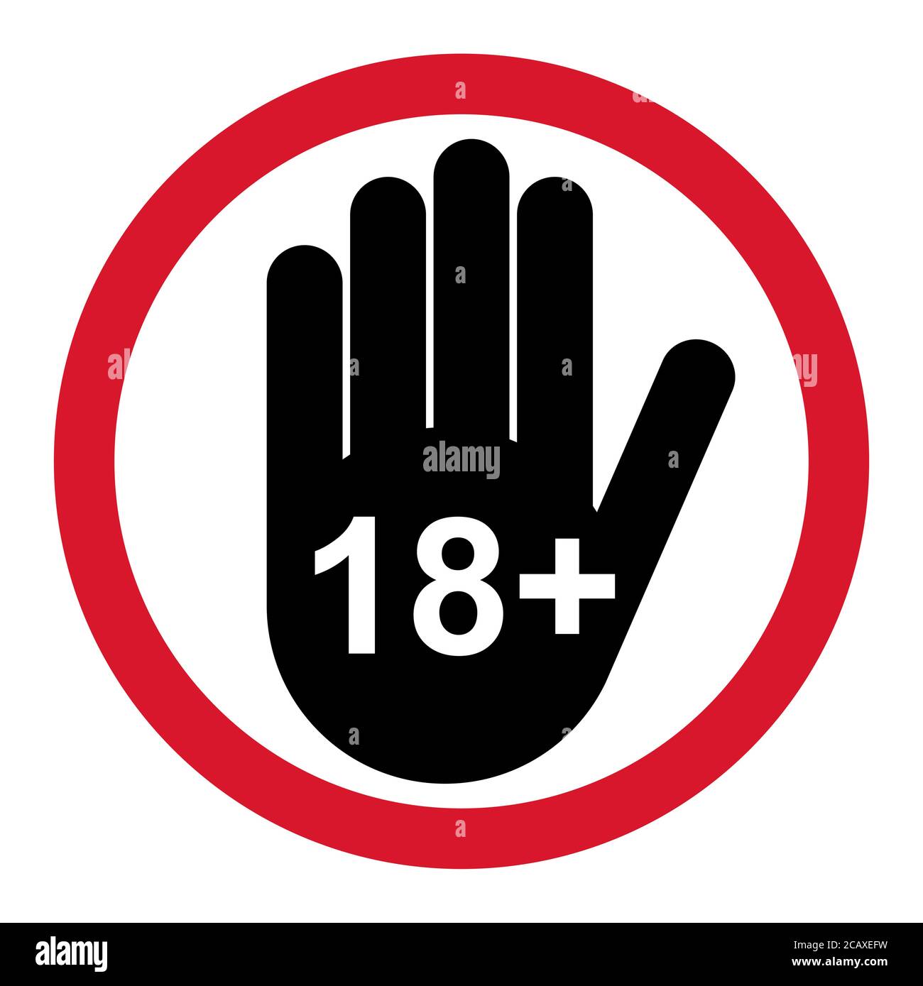 18+ segno piatto di restrizione con mano isolata su sfondo bianco. Simbolo del limite di età. Nessun'illustrazione di avvertimento sotto i diciotto anni . Illustrazione Vettoriale