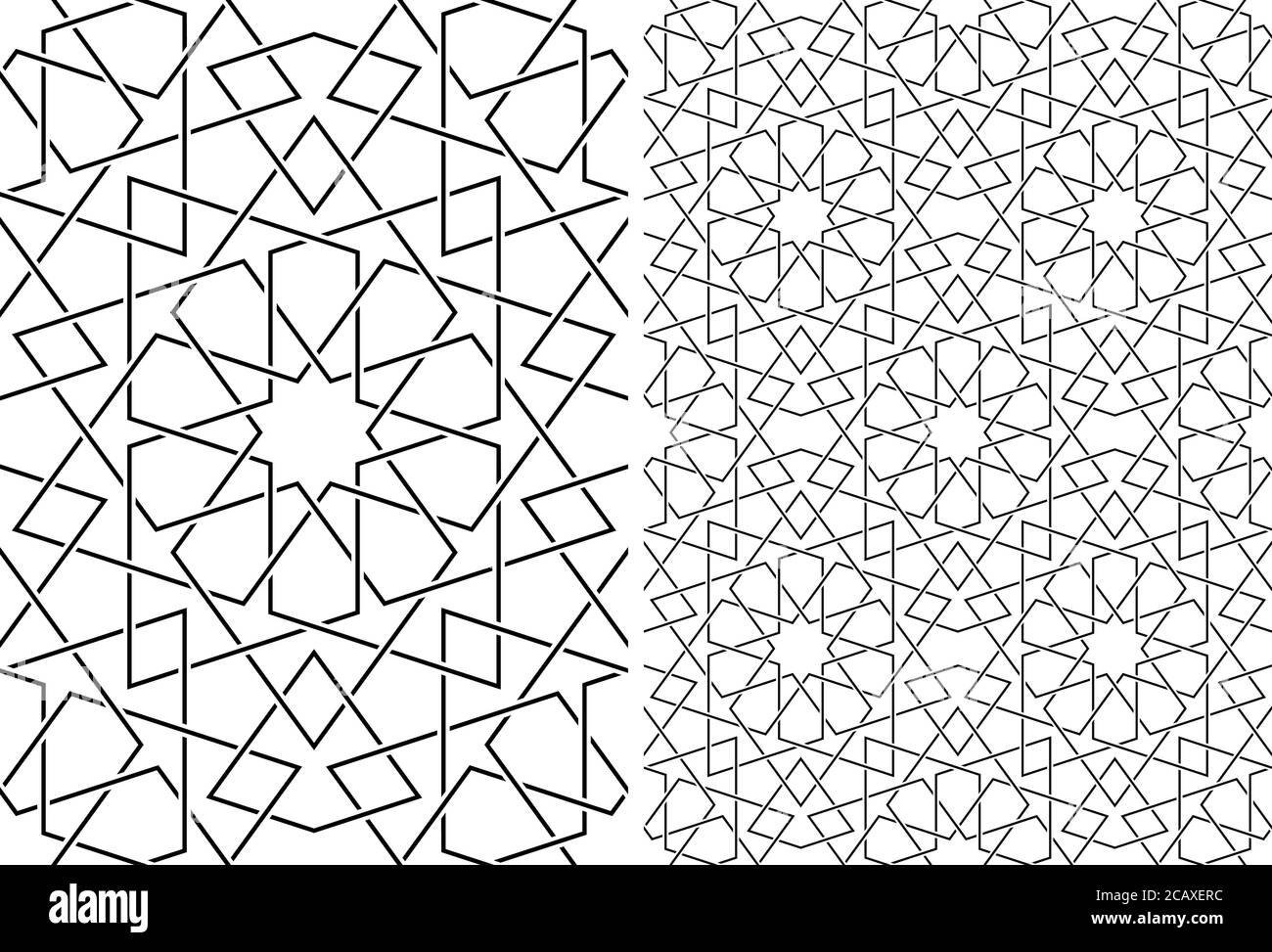 Ornamento geometrico senza cuciture basato su arte islamica tradizionale.Set singolo pattern e 2x2 pattern.Wicker lines.Average thickness. Illustrazione Vettoriale
