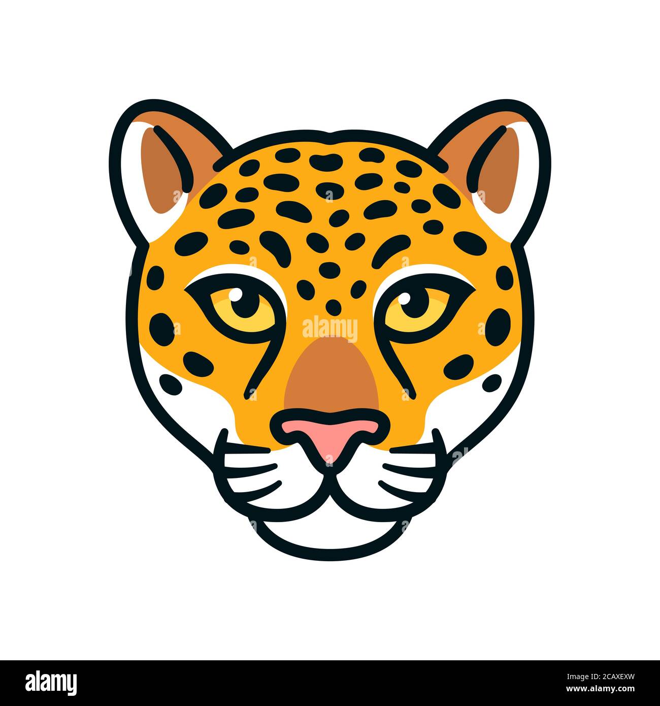 Cartoon jaguar o leopardo testa. Simbolo della faccia del gatto grande selvaggio, mascotte o disegno del logo. Illustrazione vettoriale isolata. Illustrazione Vettoriale