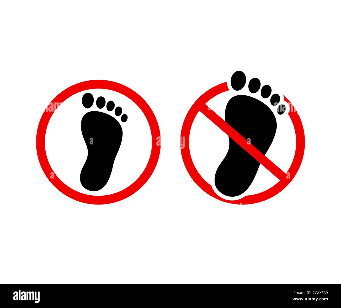 Icona del contorno del piede, segnale di stop, non salire. Non camminare a piedi nudi. Sagoma nera a impronta umana in cerchio rosso, set di illustrazioni vettoriali. Illustrazione Vettoriale