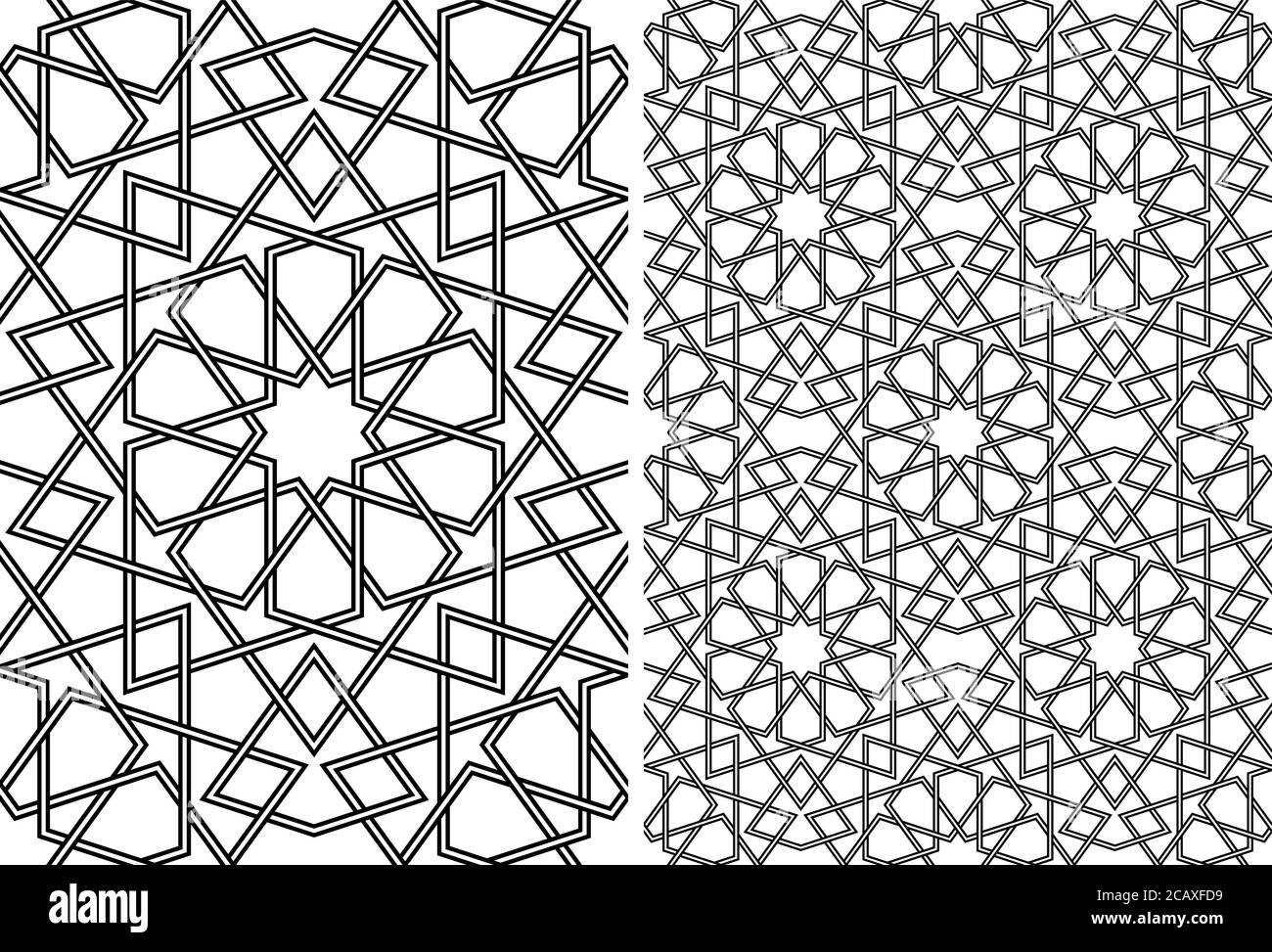 Ornamento geometrico senza cuciture basato su arte islamica tradizionale.Set singolo pattern e 2x2 pattern.Wicker lines.Thick whicker lines. Illustrazione Vettoriale