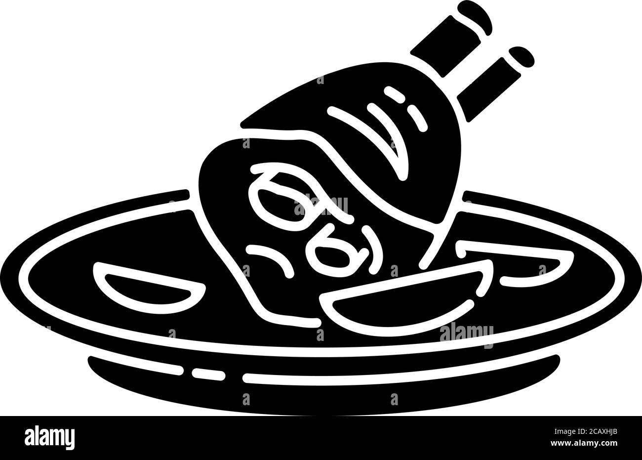 Icona glifo nero con nocca di maiale arrosto. Piatto di carne tedesco. Ricetta tradizionale europea per i pasti. Ingrediente di pollame per cucinare pranzo. Simbolo silhouette attivo Illustrazione Vettoriale