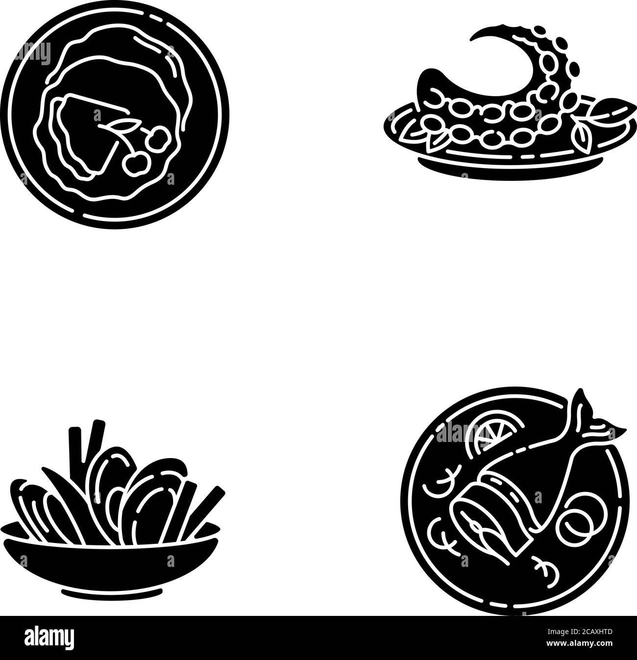 Le icone di glifo nero del piatto nazionale sono impostate sullo spazio bianco. Crepes francese. Frittelle sottili. Cozze e patatine. Piatto di polpo. Moules frites. Polvo portoghese. Si Illustrazione Vettoriale