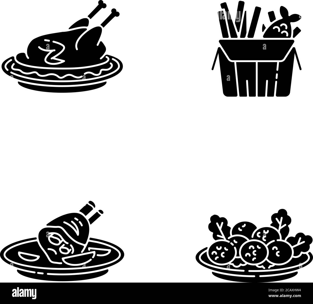 Icone glifo nero di cucina nazionale sullo spazio bianco. Fast food. Anatra alla pechinese. Pesce e patatine inglesi. Fuso a snodo di maiale arrosto tedesco. Piatto di falafel. Silh Illustrazione Vettoriale