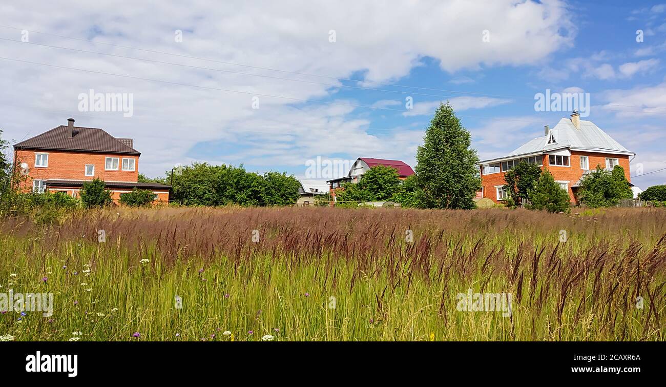 Il paesaggio anno in terreno rurale con tipo sul villaggio. Erba verde con albero su sfondo cielo blu con nuvola Foto Stock