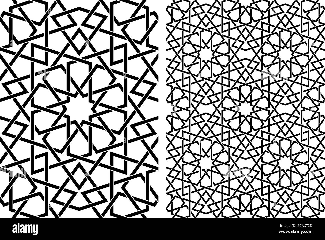 Ornamento geometrico senza cuciture basato su arte islamica tradizionale.Set singolo pattern e 2x2 pattern.Wicker lines.Thick whicker lines. Illustrazione Vettoriale