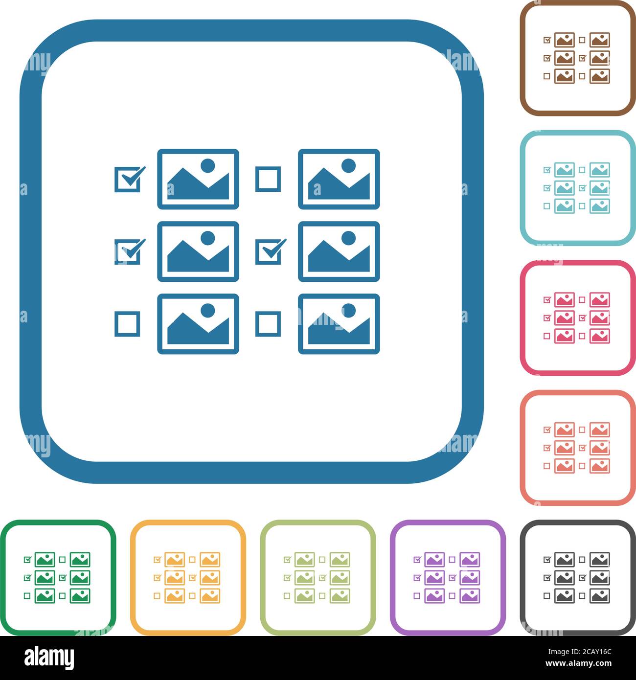 Selezione di più immagini con caselle di controllo icone semplici a colori cornici quadrate arrotondate su sfondo bianco Illustrazione Vettoriale