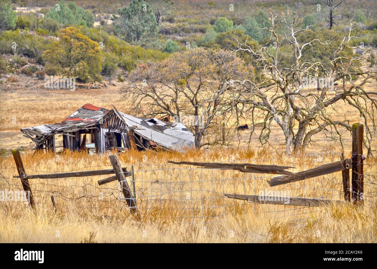 Casa ranch abbandonata e crollata lungo la strada statale 12, Valley Springs, California, USA Foto Stock