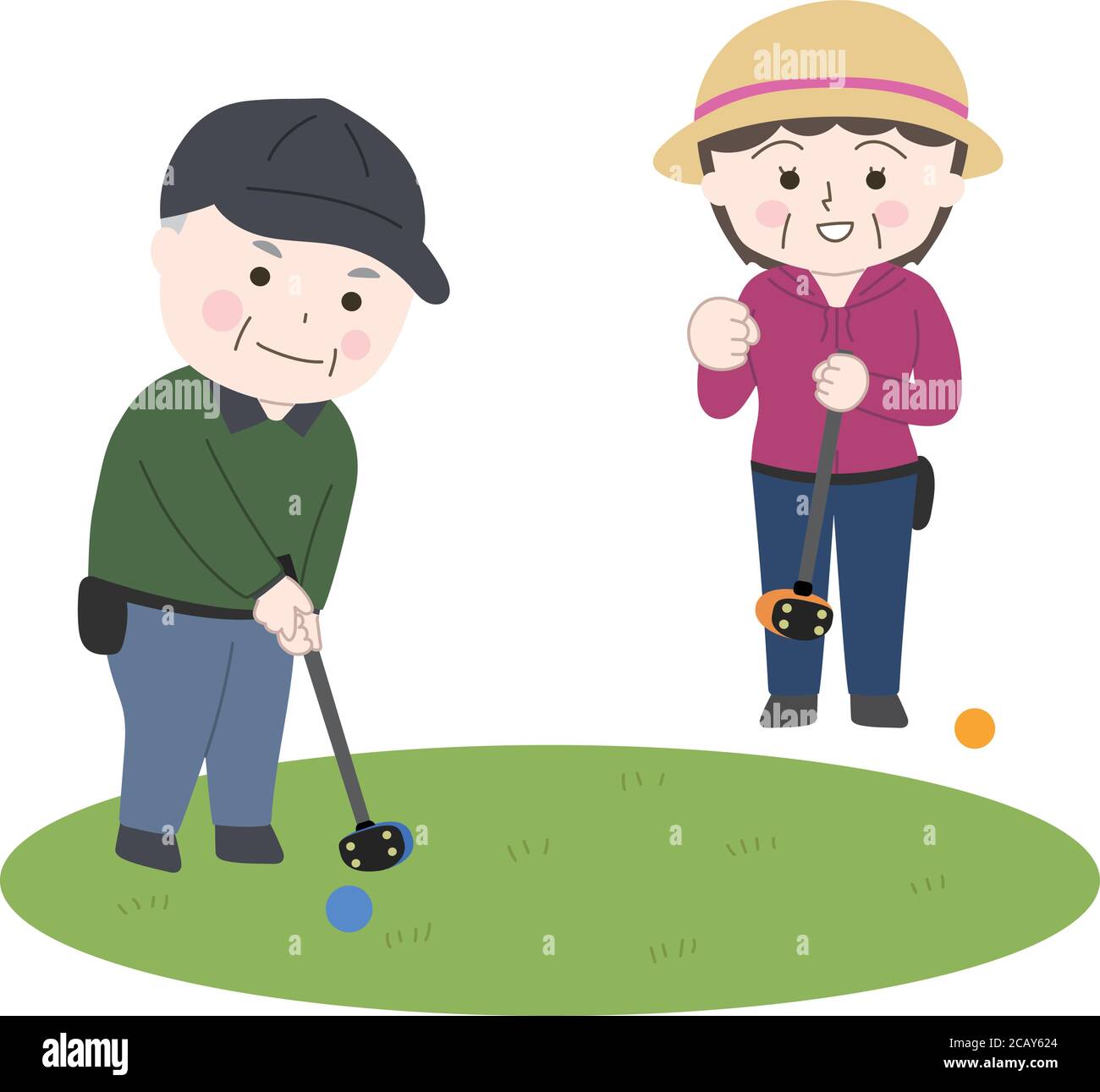 Illustrazione vettoriale isolata su sfondo bianco senza linee principali. L'uomo anziano e la donna che gioca a golf nel parco. Illustrazione Vettoriale