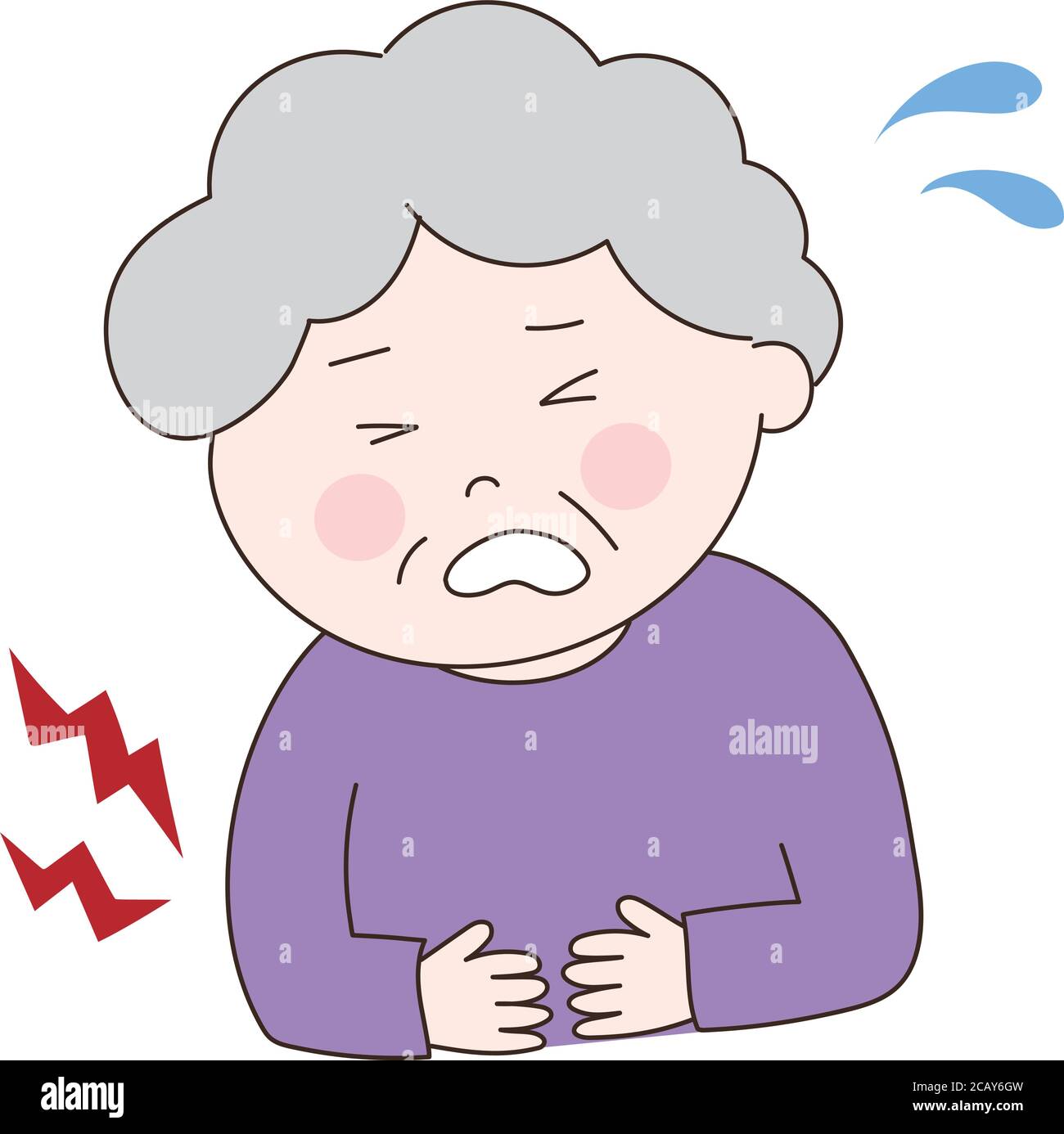 Donna anziana che ottiene un mal di stomaco. Illustrazione vettoriale isolata su sfondo bianco. Illustrazione Vettoriale