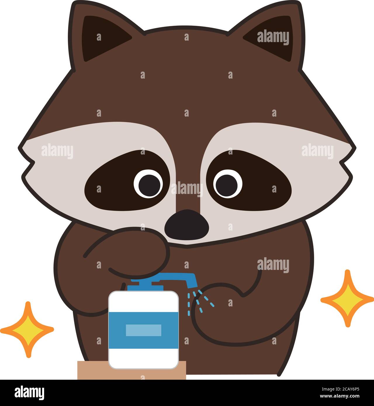 Raccoon lavando le mani con igienizzatore. Illustrazione vettoriale isolata su sfondo bianco. Illustrazione Vettoriale