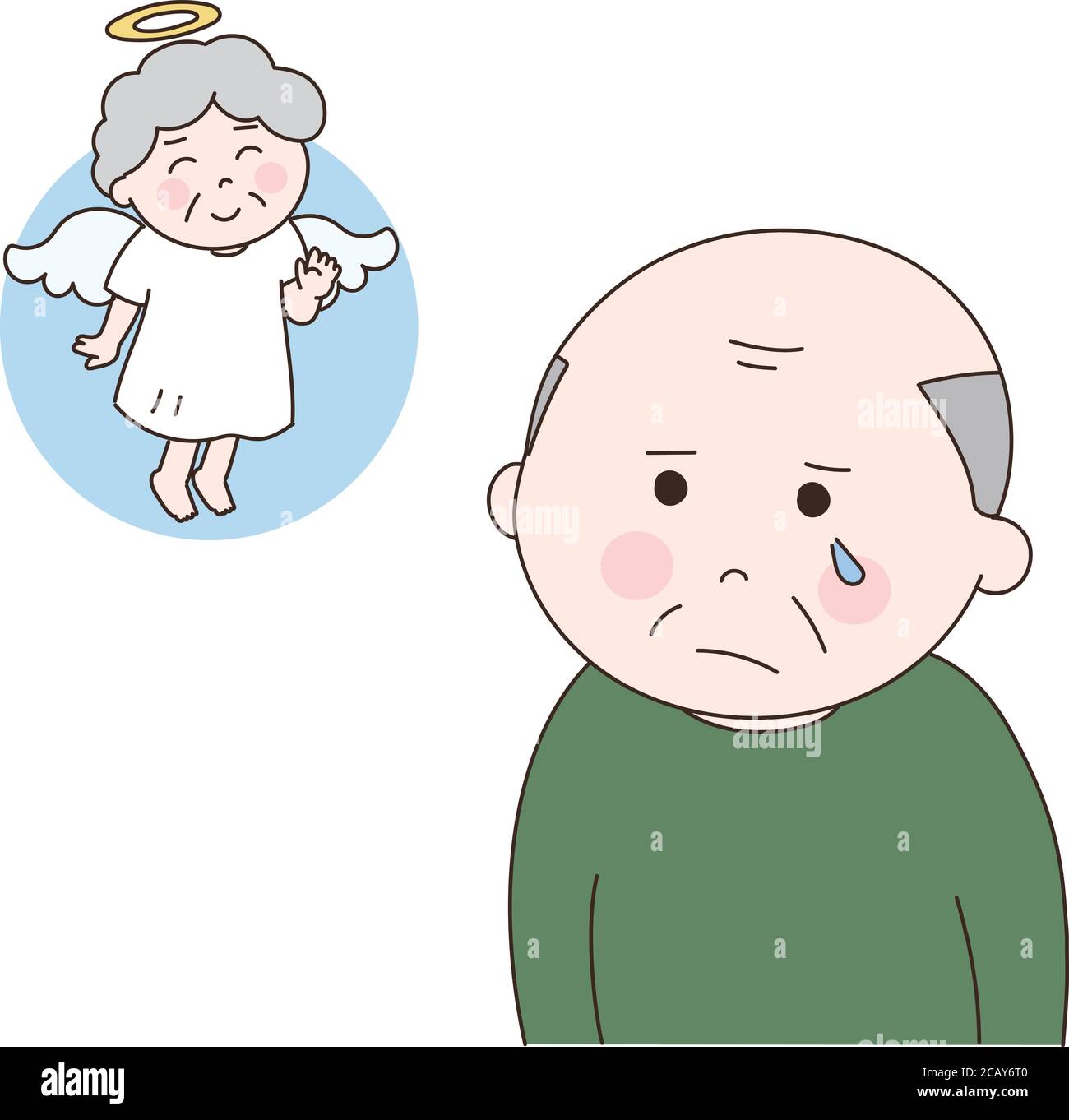 Uomo anziano che ricorda la sua defunto moglie. Illustrazione vettoriale isolata su sfondo bianco. Illustrazione Vettoriale
