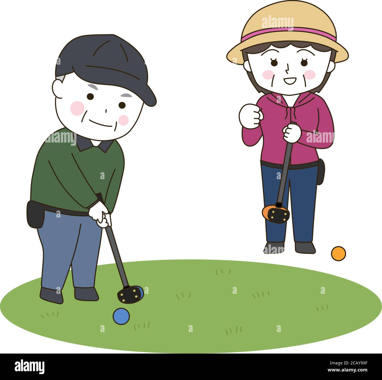 L'uomo anziano e la donna che gioca a golf nel parco. Illustrazione vettoriale isolata su sfondo bianco. Illustrazione Vettoriale