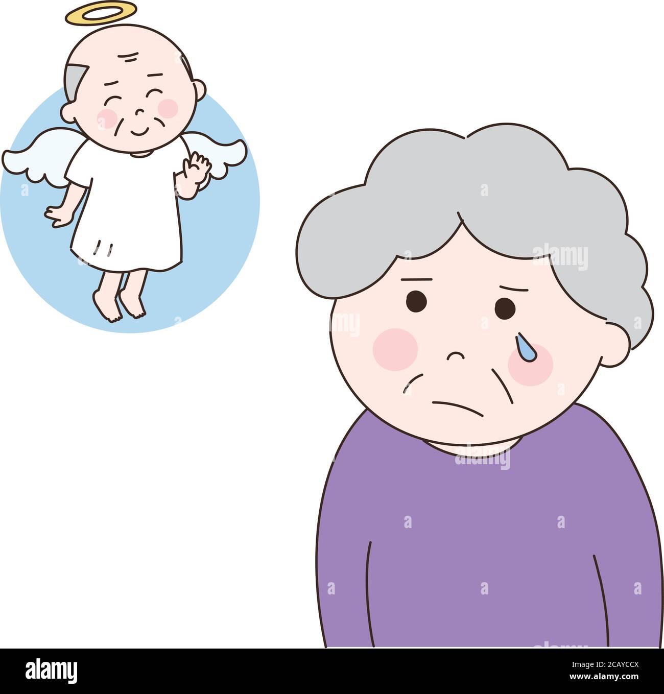 Donna anziana che ricorda il suo defunto marito. Illustrazione vettoriale isolata su sfondo bianco. Illustrazione Vettoriale
