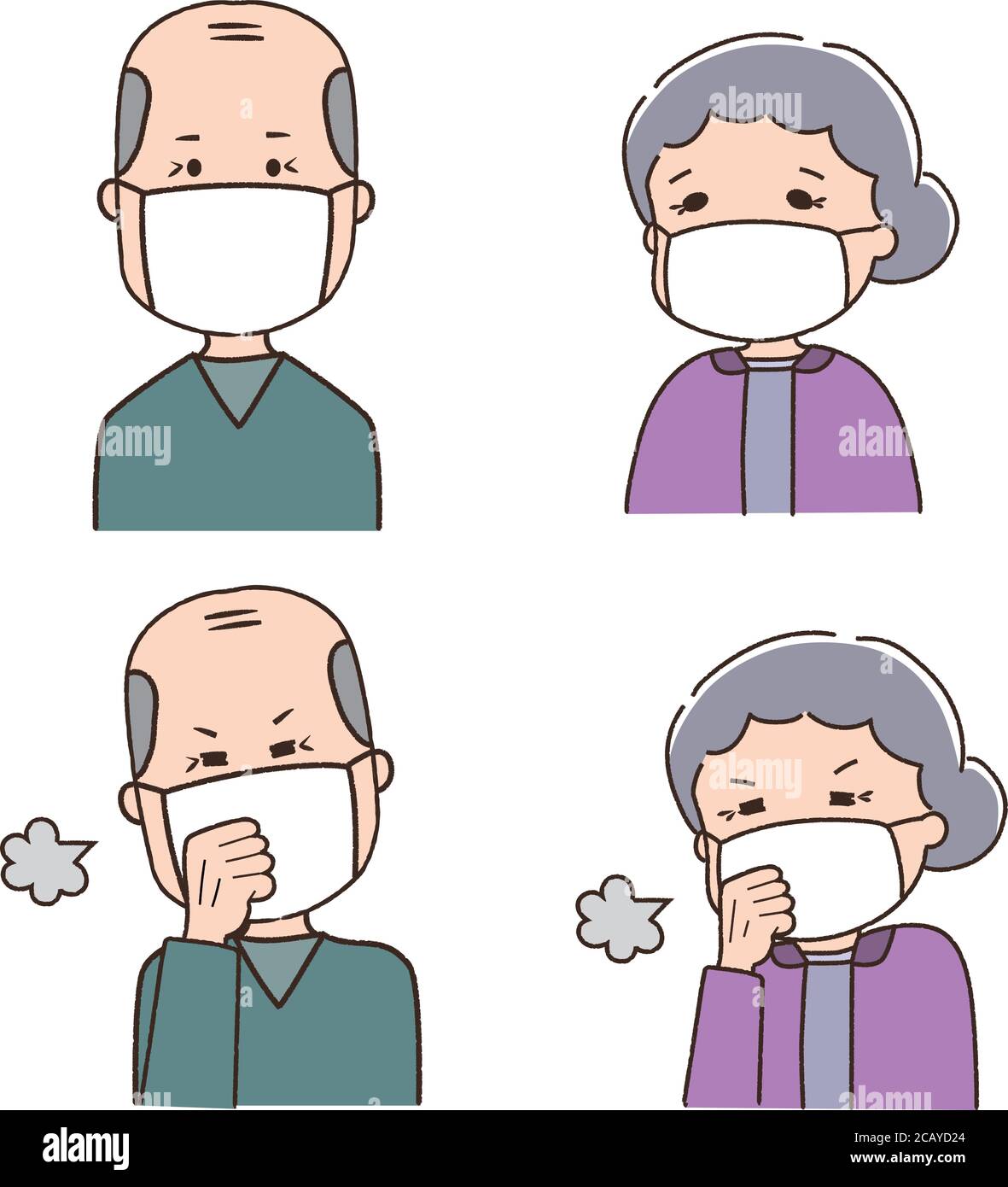 Persone anziane che indossano maschere mediche prevenzione coronavirus o covid-19 o un altro tipo di virus. Illustrazione vettoriale isolata su sfondo bianco. Illustrazione Vettoriale