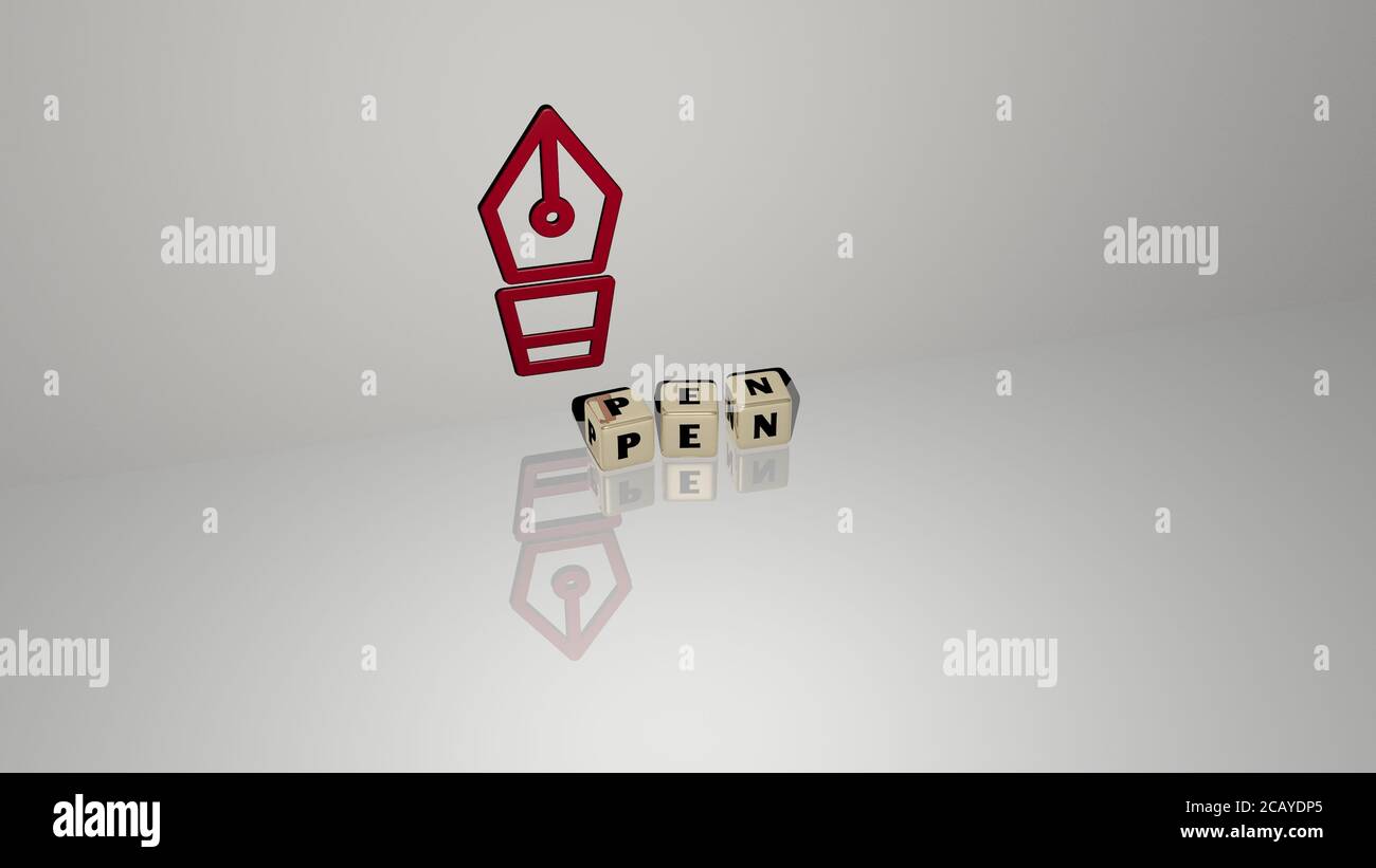 TESTO DELLA PENNA di lettere cubiche sul pavimento e icona 3D sulla parete. Illustrazione 3D. Background e business Foto Stock