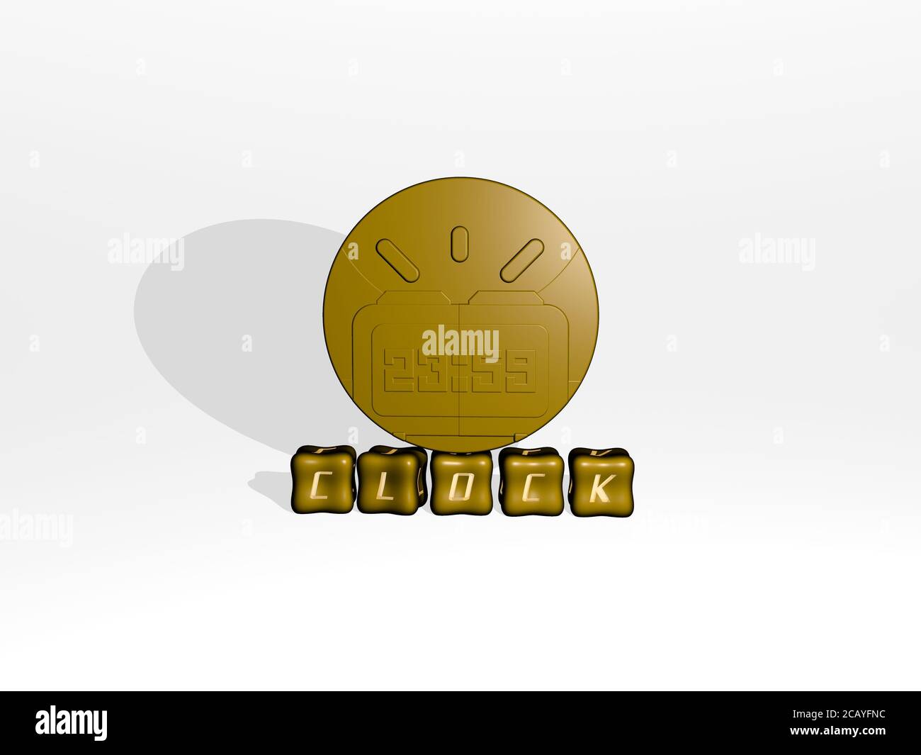 OROLOGIO oggetto icona 3D su testo di lettere cubiche. Illustrazione 3D. Sfondo e allarme Foto Stock