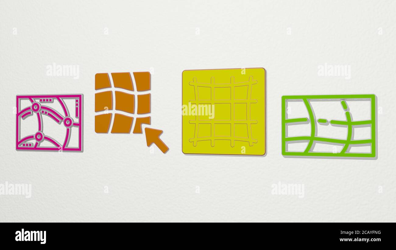 SET di 4 icone MESH. Illustrazione 3D. Astratto e sfondo Foto Stock