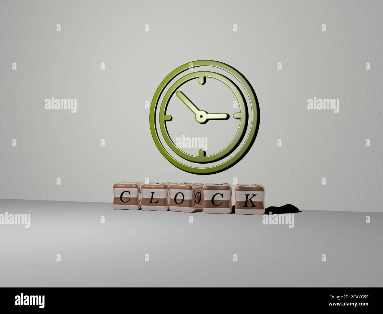 OROLOGIO 3D sulla parete e lettere cubiche sul pavimento. Illustrazione 3D. Sfondo e allarme Foto Stock