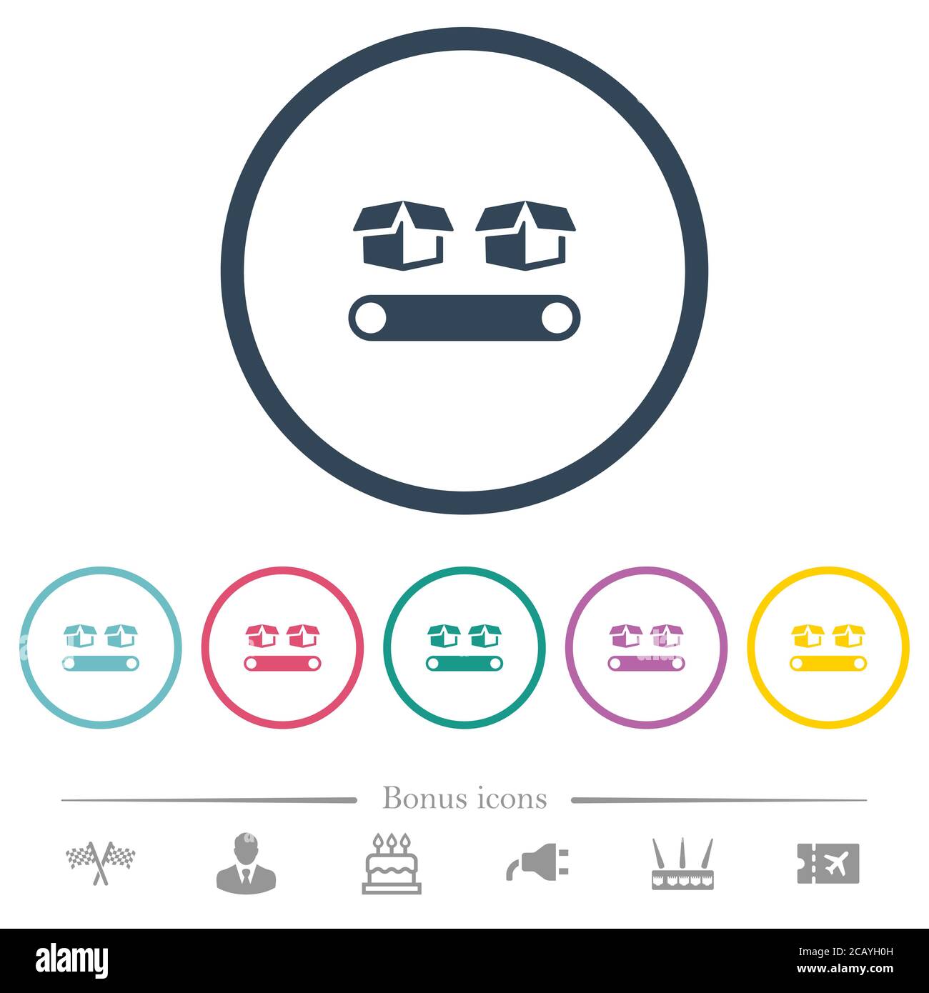 Trasportatore con scatole icone di colore piatto in contorni rotondi. 6 icone bonus incluse. Illustrazione Vettoriale