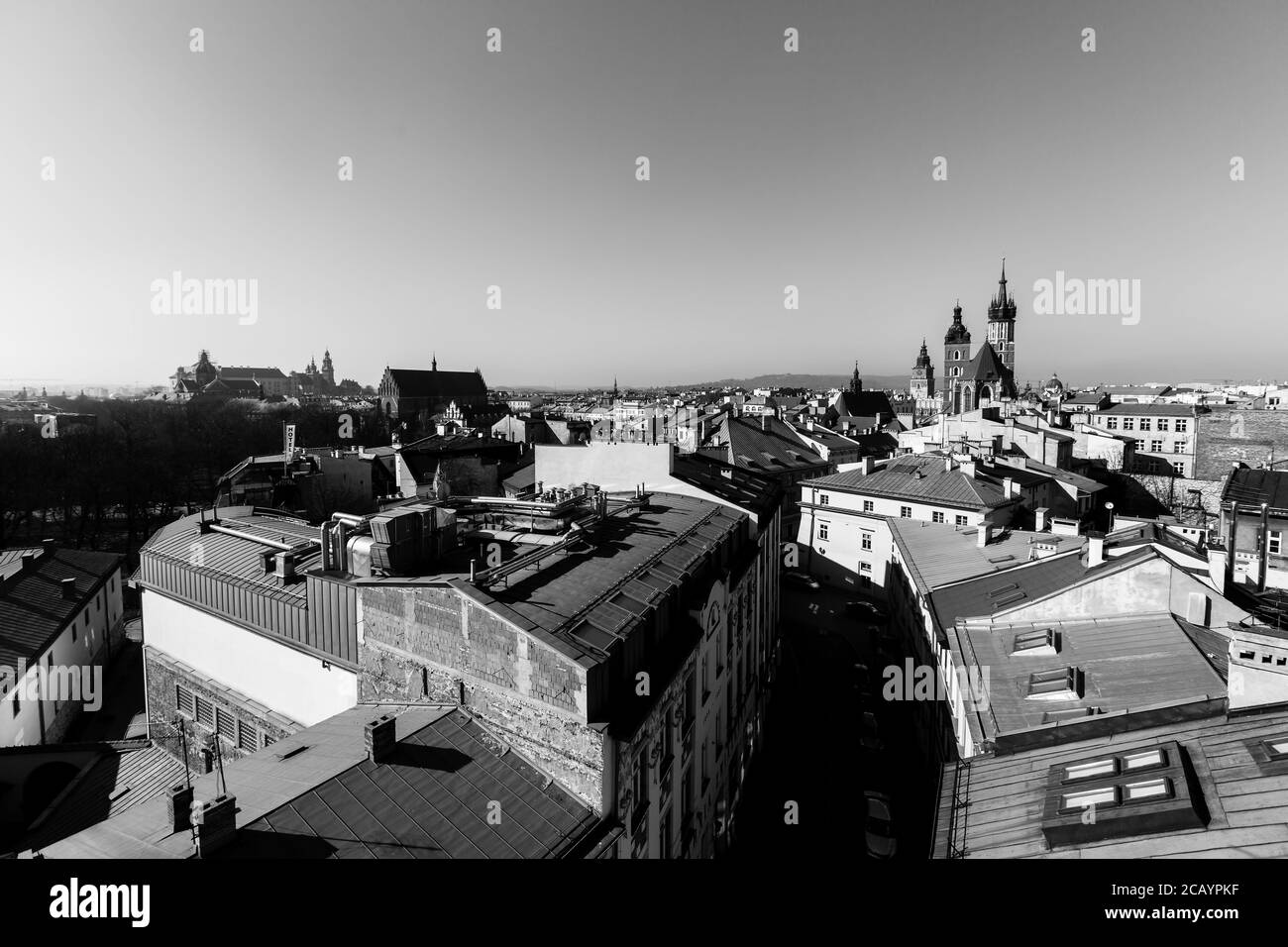 Vista dall'alto del centro storico, Cracovia, Polonia. Foto in bianco e nero. Foto Stock