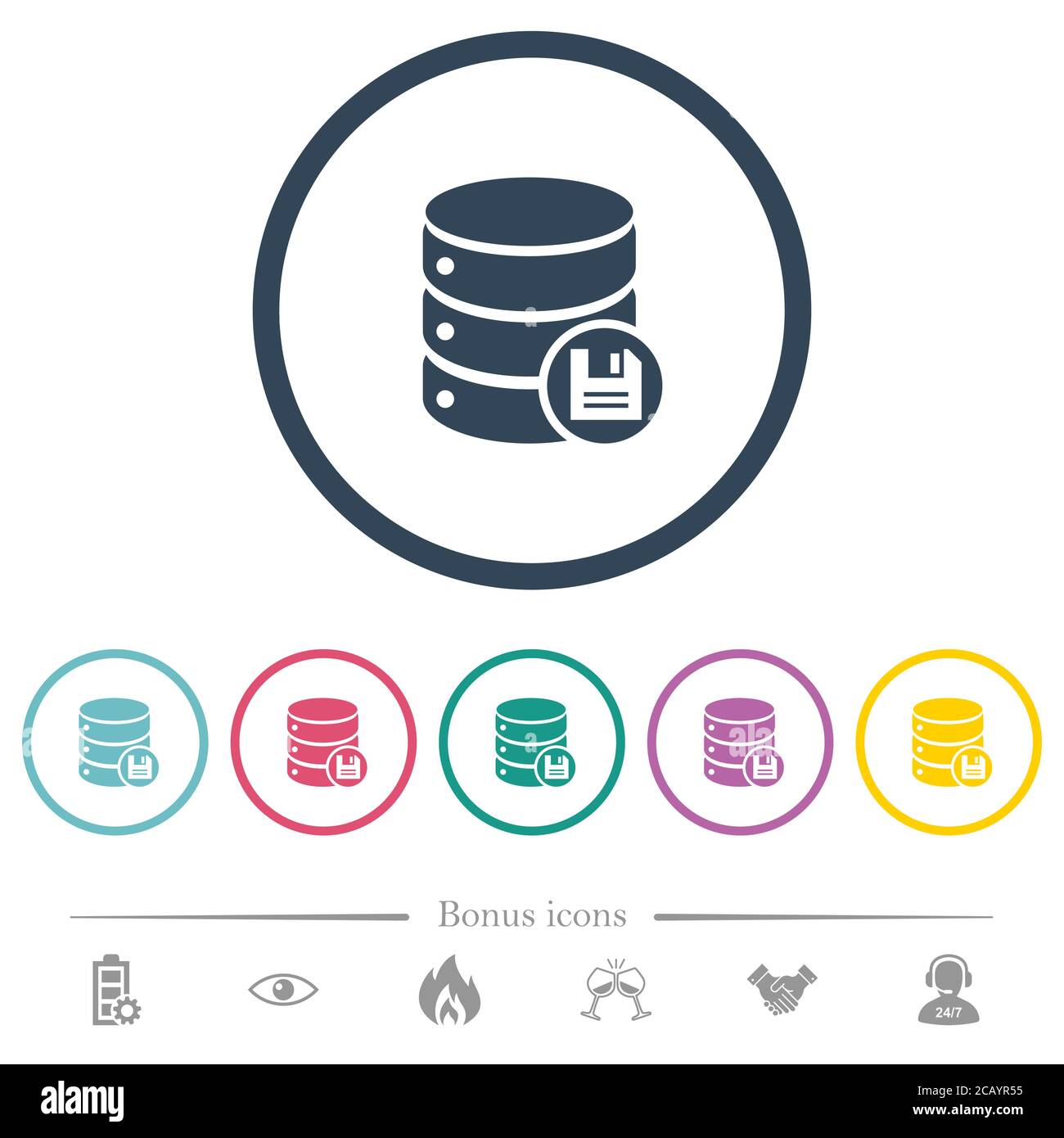Le icone a colori piatte del database vengono salvate nei contorni arrotondati. 6 icone bonus incluse. Illustrazione Vettoriale