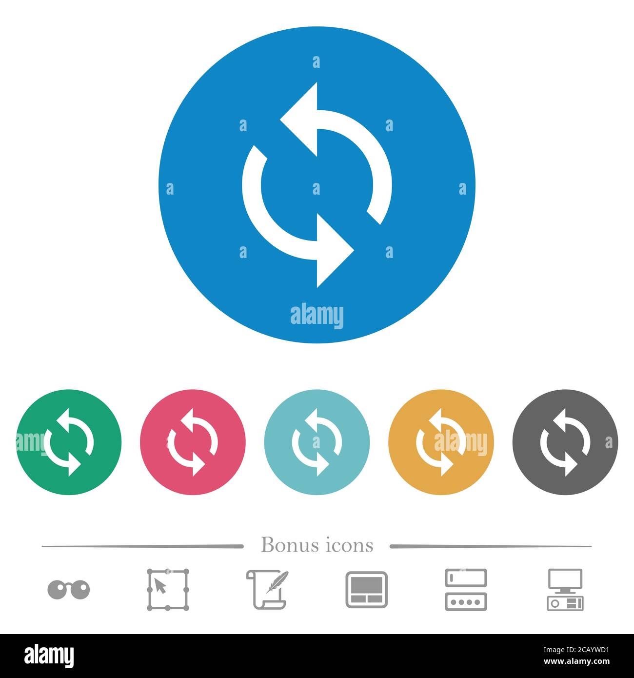 Icone bianche piatte del ciclo di programmazione su sfondi rotondi di colore. 6 icone bonus incluse. Illustrazione Vettoriale