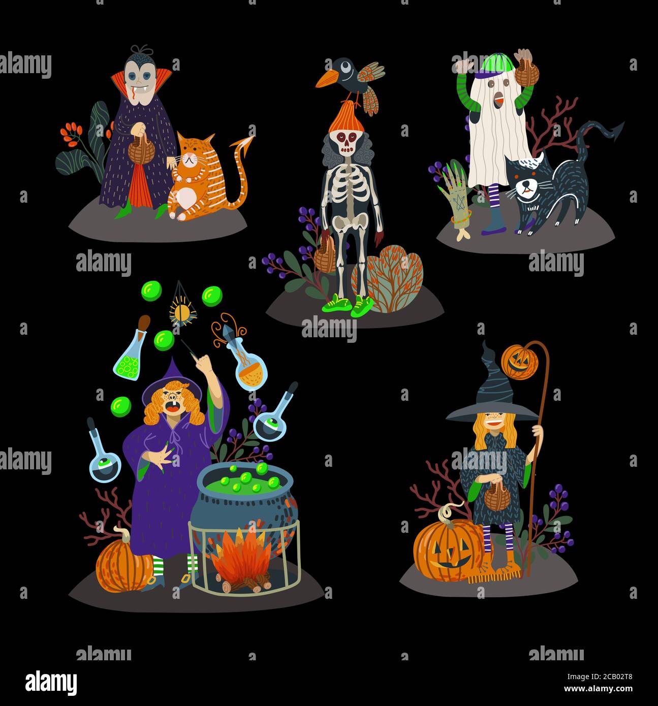 Bambini in costumi di Halloween isolato. Illustrazione piatta del cartone animato vettoriale. Illustrazione Vettoriale