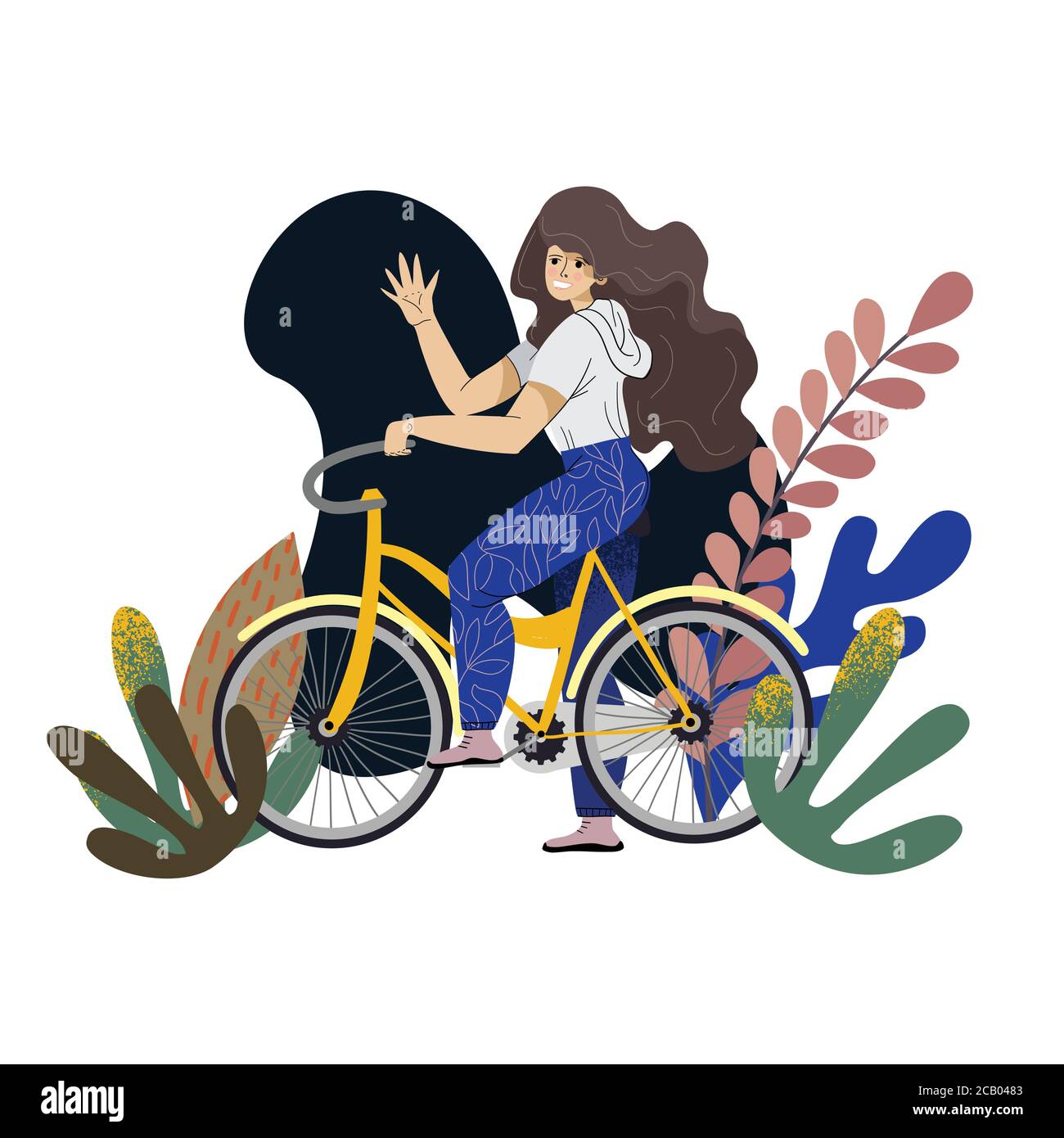 Una ragazza corre in bicicletta su una strada fuori città. Intorno alle piante sono erba e arbusti. L'immagine è fatta nello stile del minimalismo. Illustrazione Vettoriale