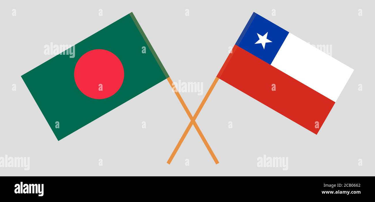Bandiere incrociate del Bangladesh e del Cile. Colori ufficiali. Proporzione corretta. Illustrazione vettoriale Illustrazione Vettoriale