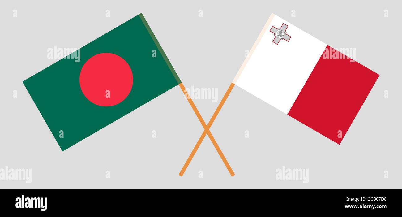 Bandiere incrociate di Bangladesh e Malta. Colori ufficiali. Proporzione corretta. Illustrazione vettoriale Illustrazione Vettoriale