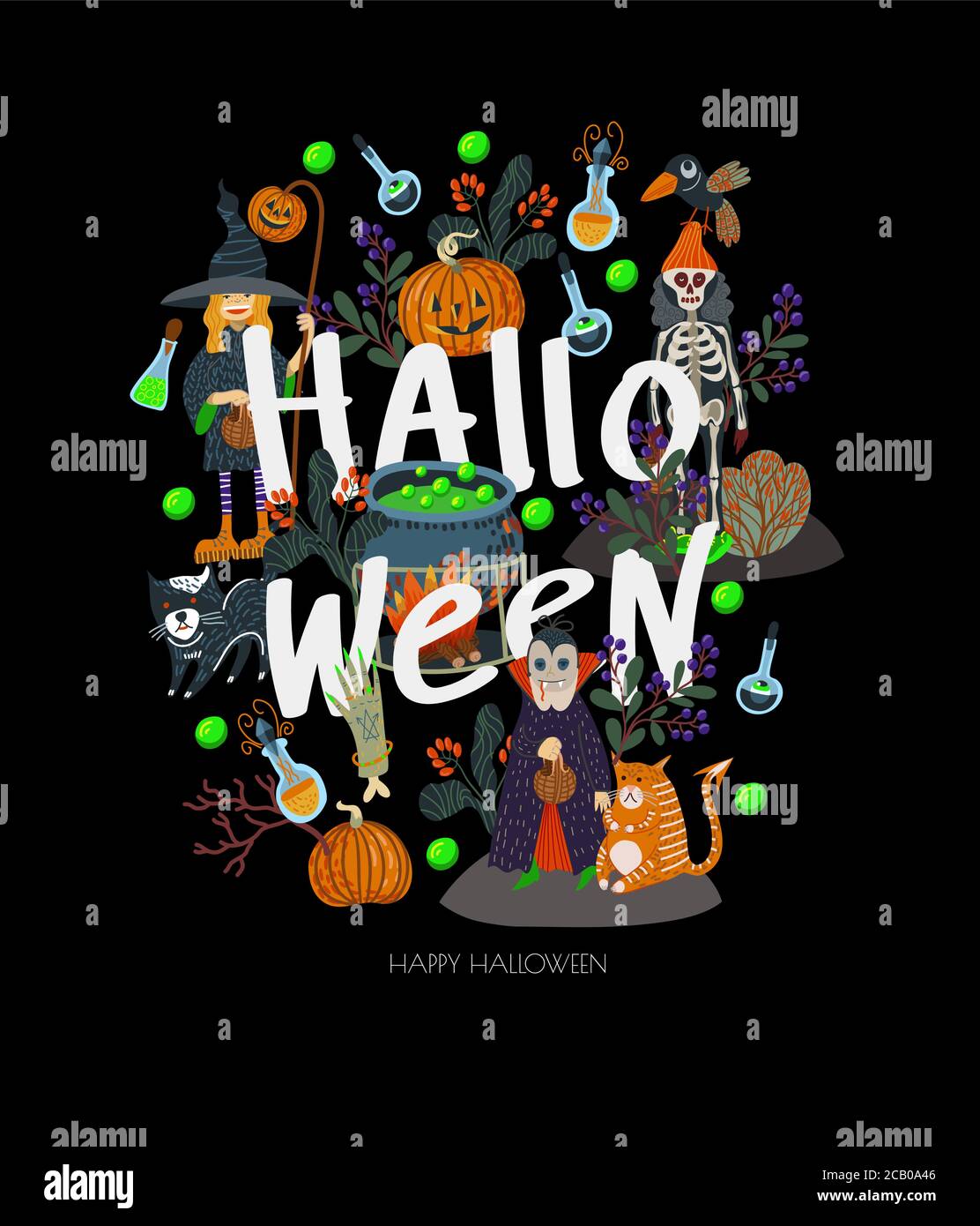 Banner o carta di Halloween con elementi spaventosi. Illustrazione piatta del cartone animato vettoriale. Illustrazione Vettoriale