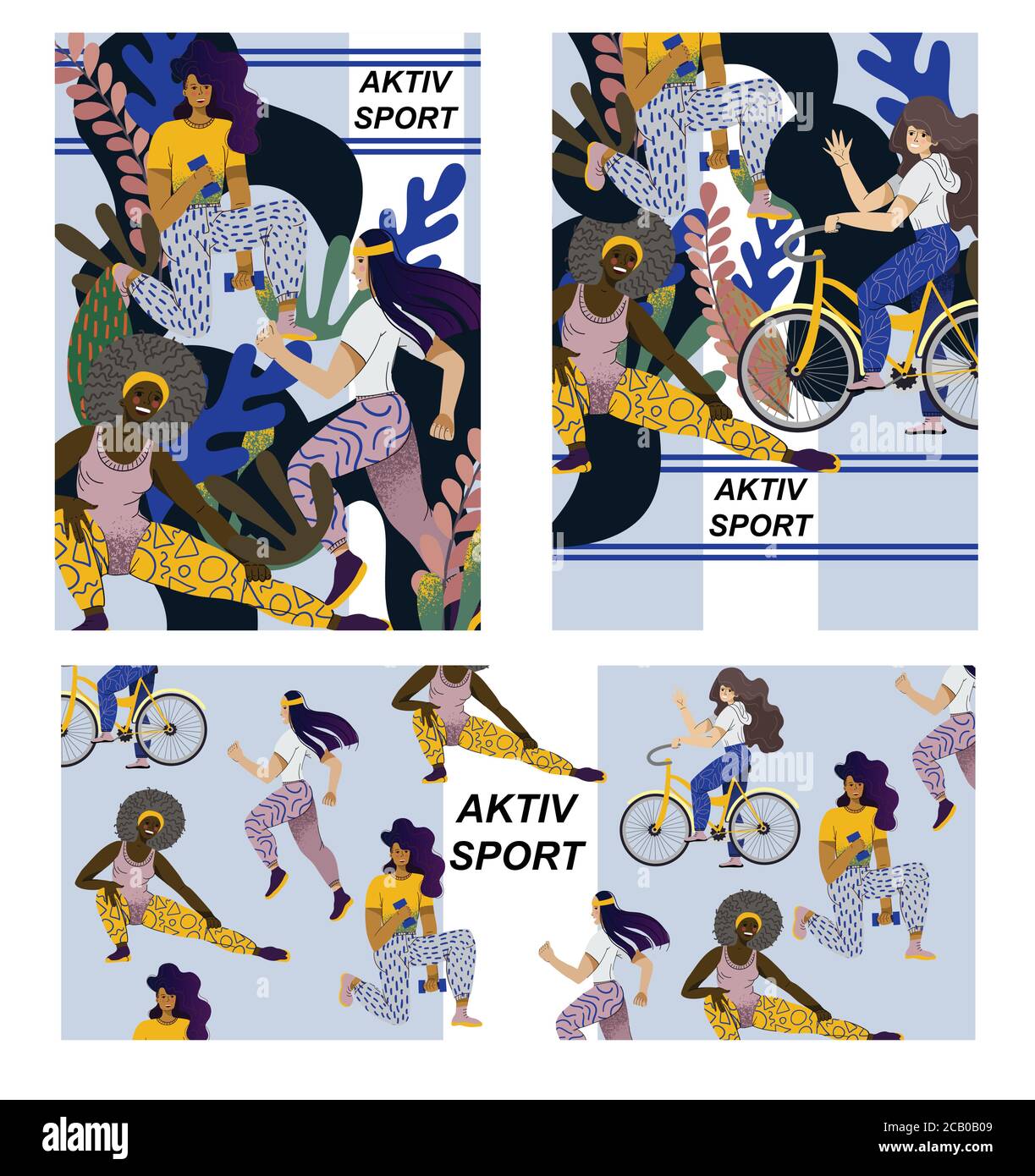 Sport attivi e fitness. Ciclismo, esercizi di manubri e jogging. Combinazione di colori neutri e design semplice e piatto. Illustrazione Vettoriale