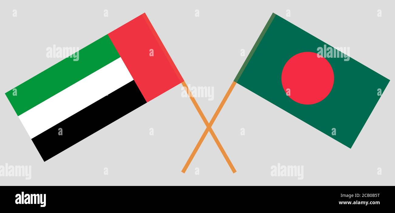 Bandiere incrociate del Bangladesh e degli Emirati Arabi Uniti. Colori ufficiali. Proporzione corretta. Illustrazione vettoriale Illustrazione Vettoriale