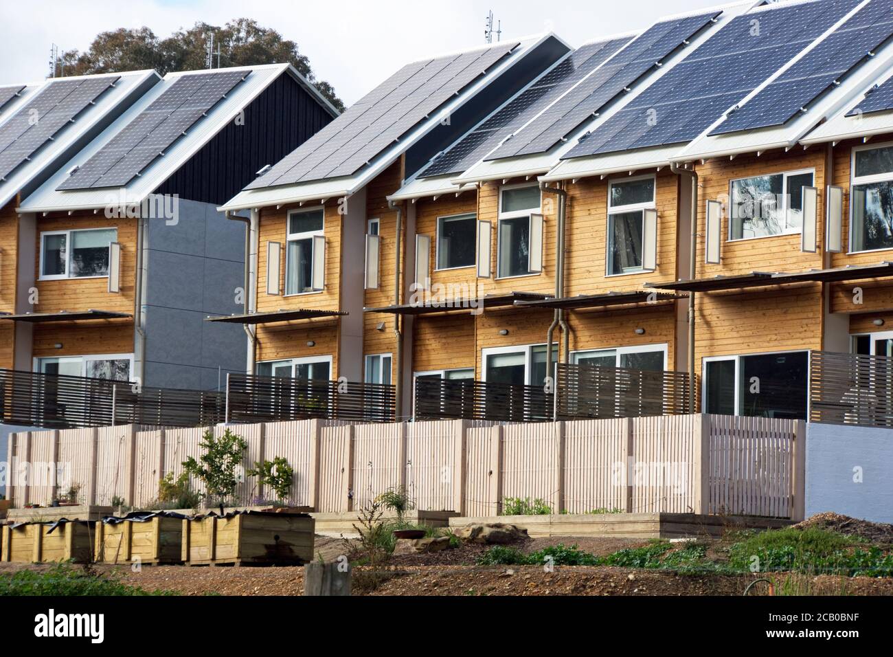 Sviluppo di alloggi ecologici, stile di vita verde e vita sostenibile con pannelli solari su tetti, recinzioni e giardini, Victoria, Australia. Foto Stock